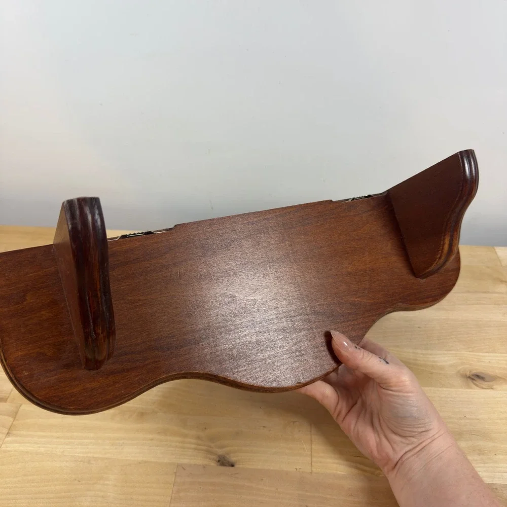 Vintage Dark Wood Wall Shelf with Brass Gallery Rail Plate Groove USA Made 16in